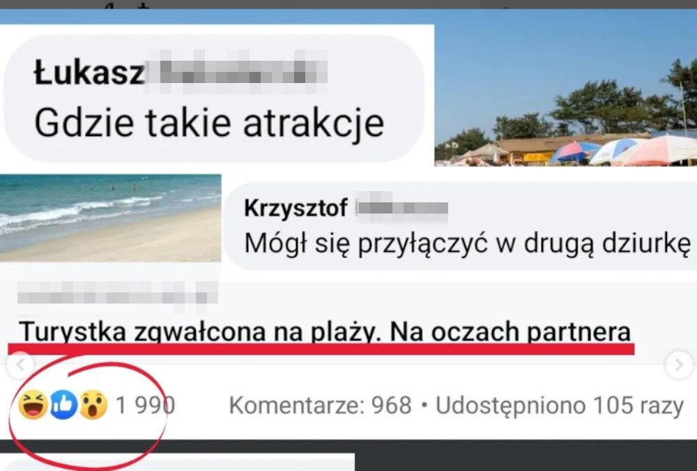 Obrzydliwe komentarze internautów pod artykułem jednego z portali na Facebooku o kobiecie zgwałconej na plaży