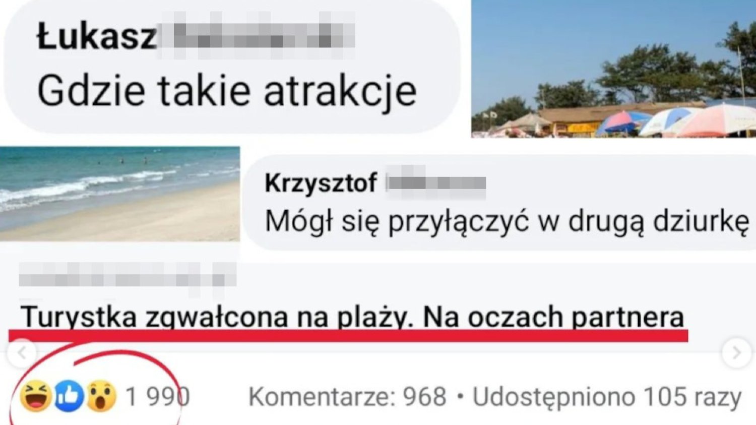 Obrzydliwe komentarze internautów pod artykułem jednego z portali na Facebooku o kobiecie zgwałconej na plaży