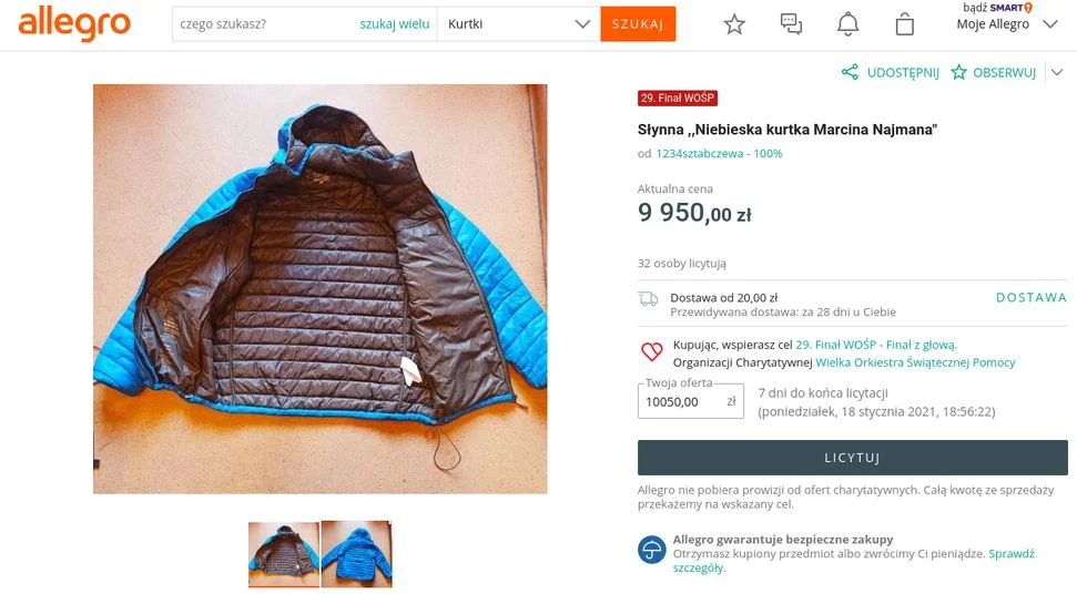 Niebieska kurtka Najmana podbija aukcje WOŚP 2021. Ile już kosztuje? [CENA]