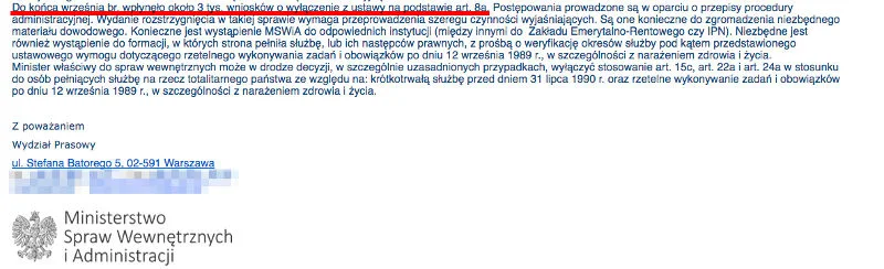 Odpowiedź z MSWiA na pytanie naTemat o liczbę odwołań od decyzji o obniżeniu świadczenia emerytalnego na podstawie tzw. ustawy dezubekizacyjnej.