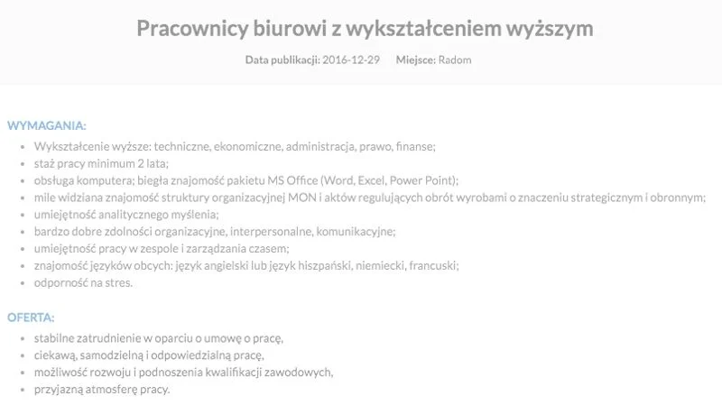 To zeszłoroczne ogłoszenie Polskiej Grupy Zbrojeniowej, wymagania i oczekiwania od pracownika biurowego w Radomiu