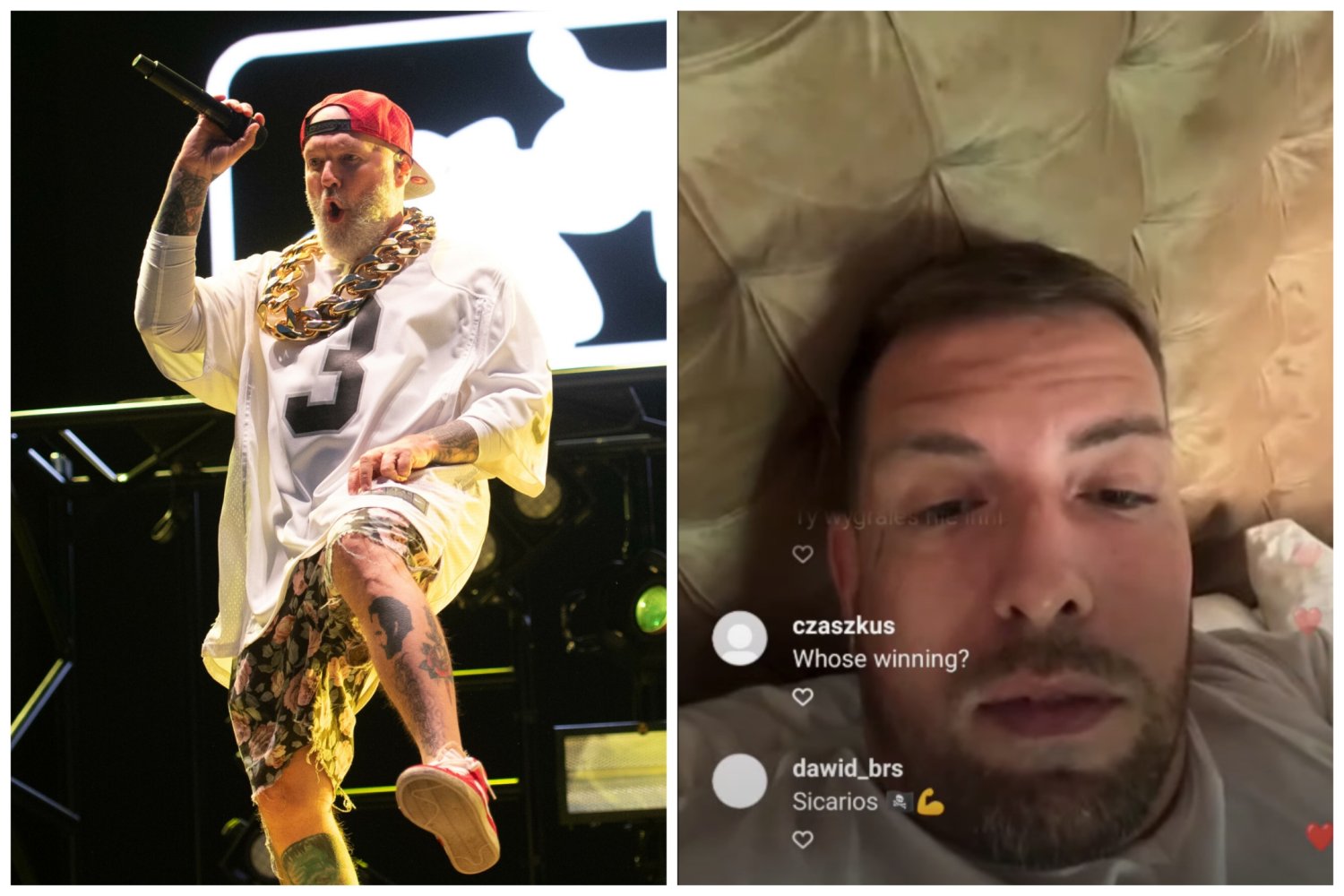 Po lewej Fred Durst z Limp Bizkit, po prawej Sentino na swoim LIVE, na którym zwraca się do swoich hejterów.