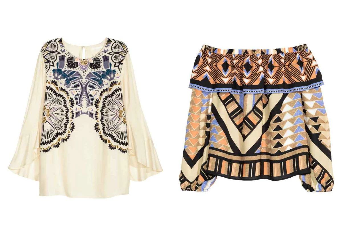 Bluzka z odkrytymi ramionami - H&M 129,90 zł, bluzka z rozszerzanymi rękawami - H&M  59, 90 zł