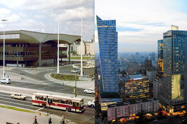 Stacja Warszawa Centralna w 1975 roku oraz centrum stolicy (wieżowiec "Złota 44") w 2013 roku