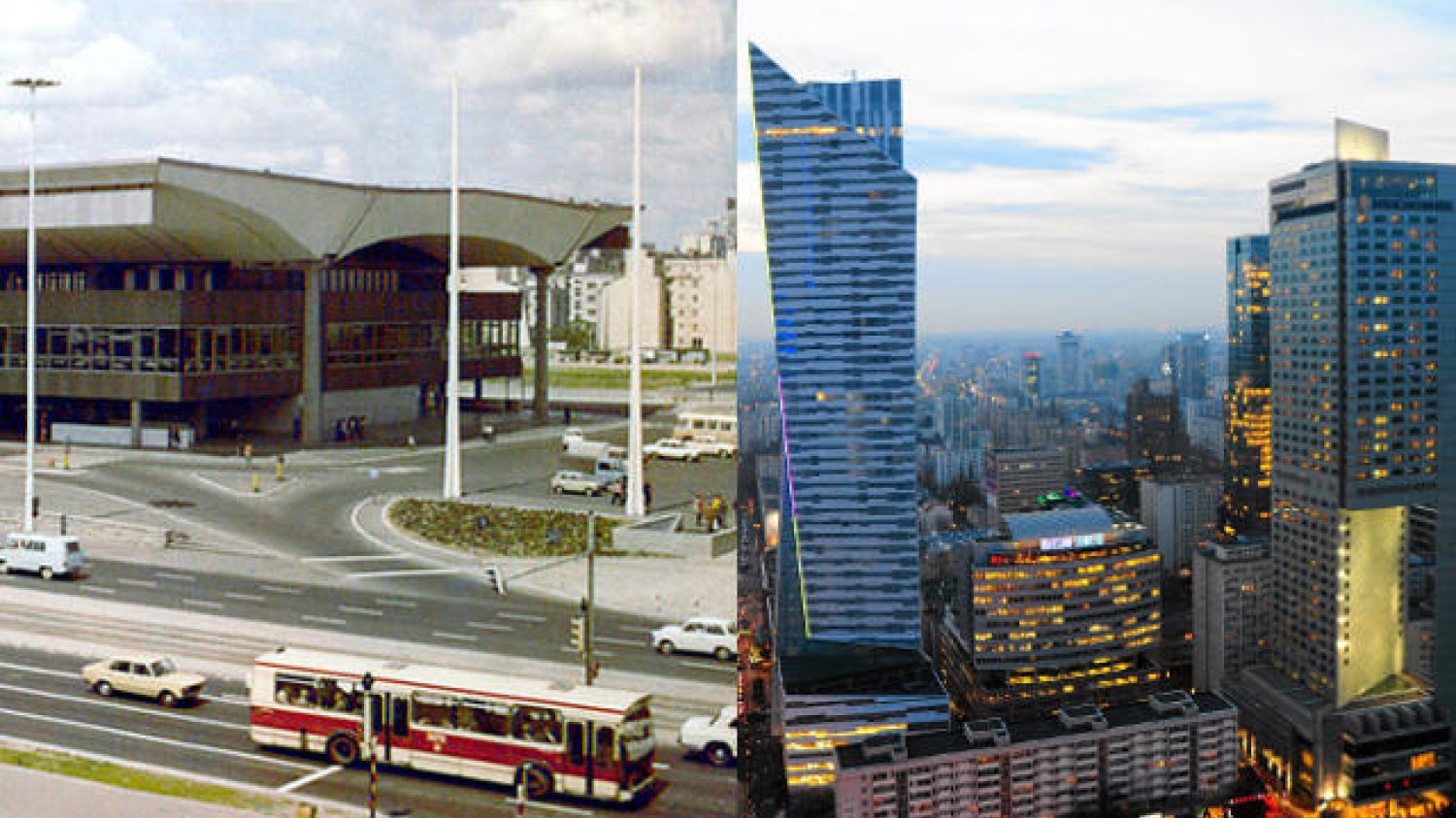 Stacja Warszawa Centralna w 1975 roku oraz centrum stolicy (wieżowiec "Złota 44") w 2013 roku