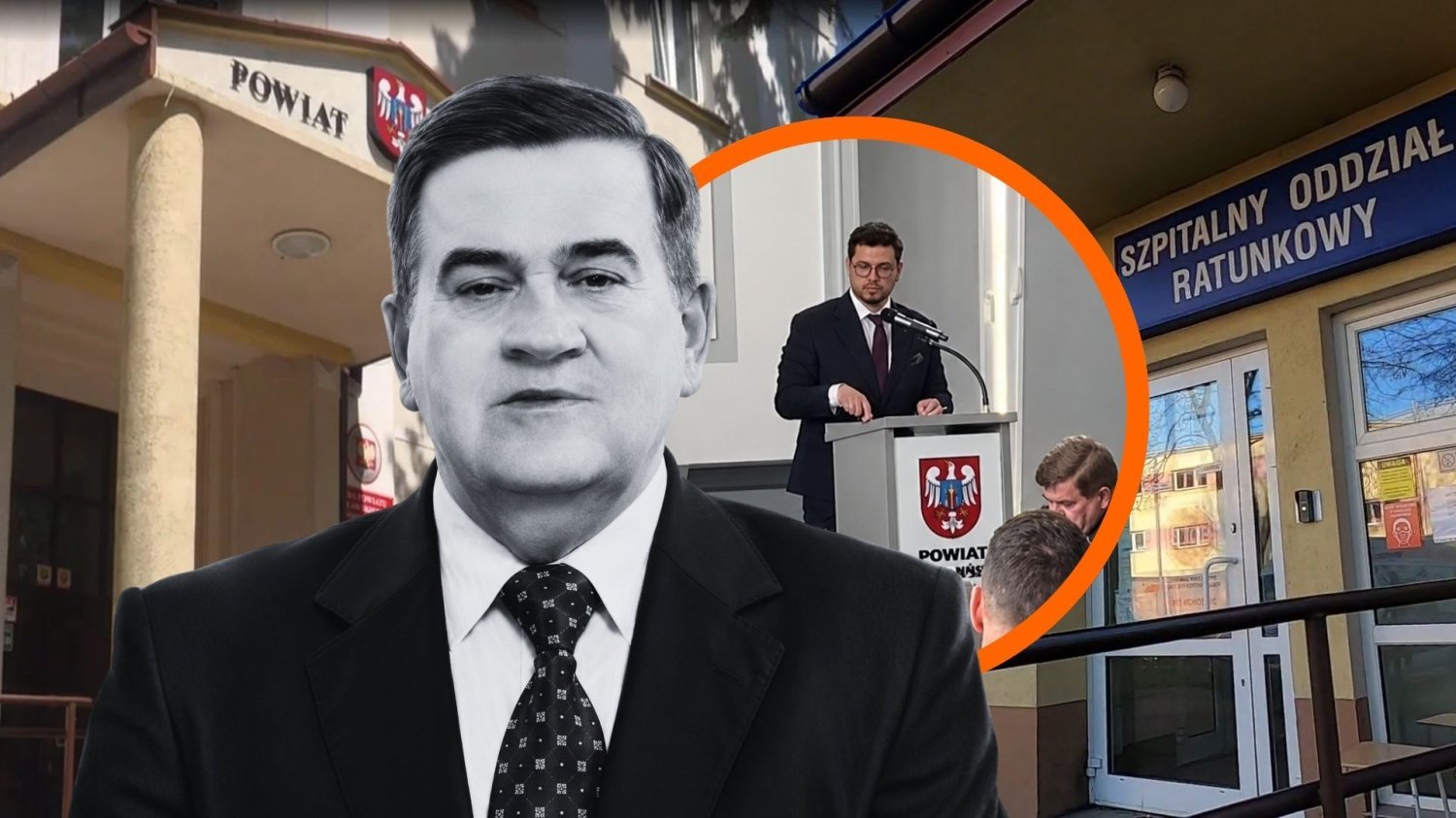 Starosta Witold Okumski, dyrektor Piotr Parjaszewski na tle szpitala w Mławie i siedziby starostwa.
