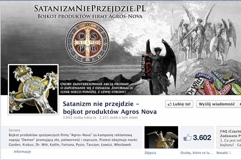 Profil na Facebooku: Satanizm nie przejdzie - bojkot produktów Agros-Nova