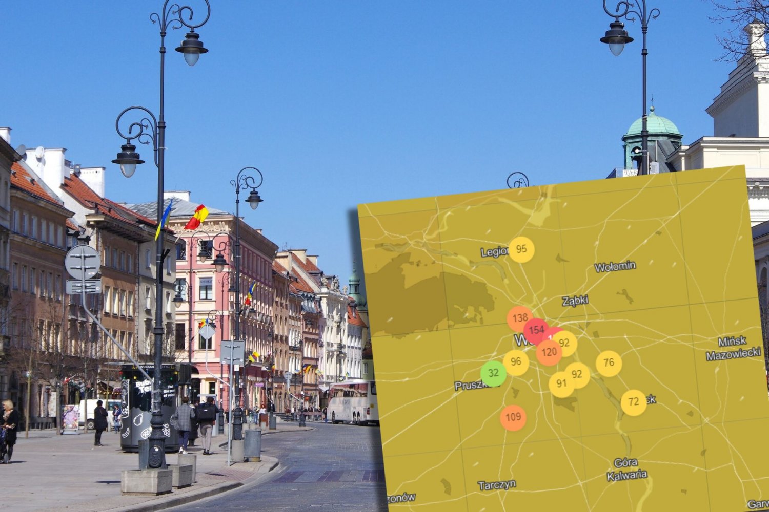 Zanieczyszczenie powietrza w Warszawie na mapie iqair.com (oprócz PM10 pokazuje ona także wysokie stężenie PM 2,5 w stolicy)