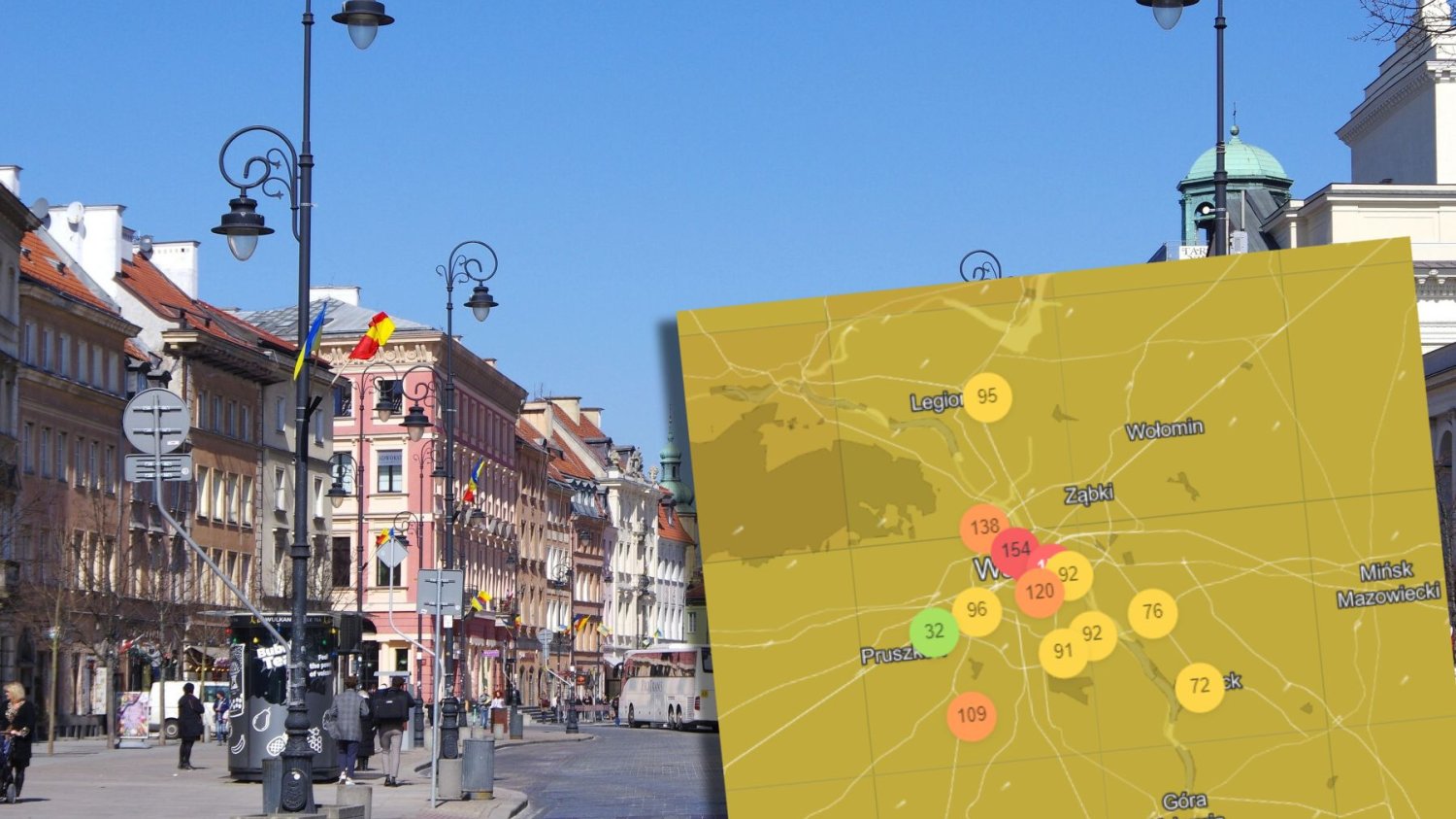 Zanieczyszczenie powietrza w Warszawie na mapie iqair.com (oprócz PM10 pokazuje ona także wysokie stężenie PM 2,5 w stolicy)