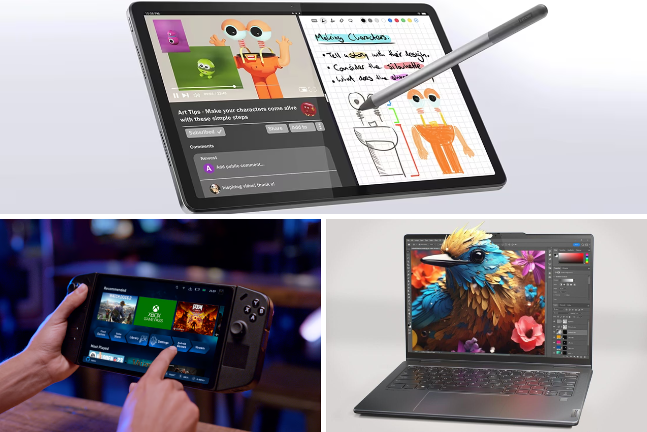 Tablet Lenovo Tab M11, konsola do gier Lenovo Legion Go i laptop Lenovo Yoga 7i 2-w-1 9 gen. Przedstawiamy 3 propozycje na superprezent z kategorii "sprzęt komputerowy" na Dzień Dziecka.