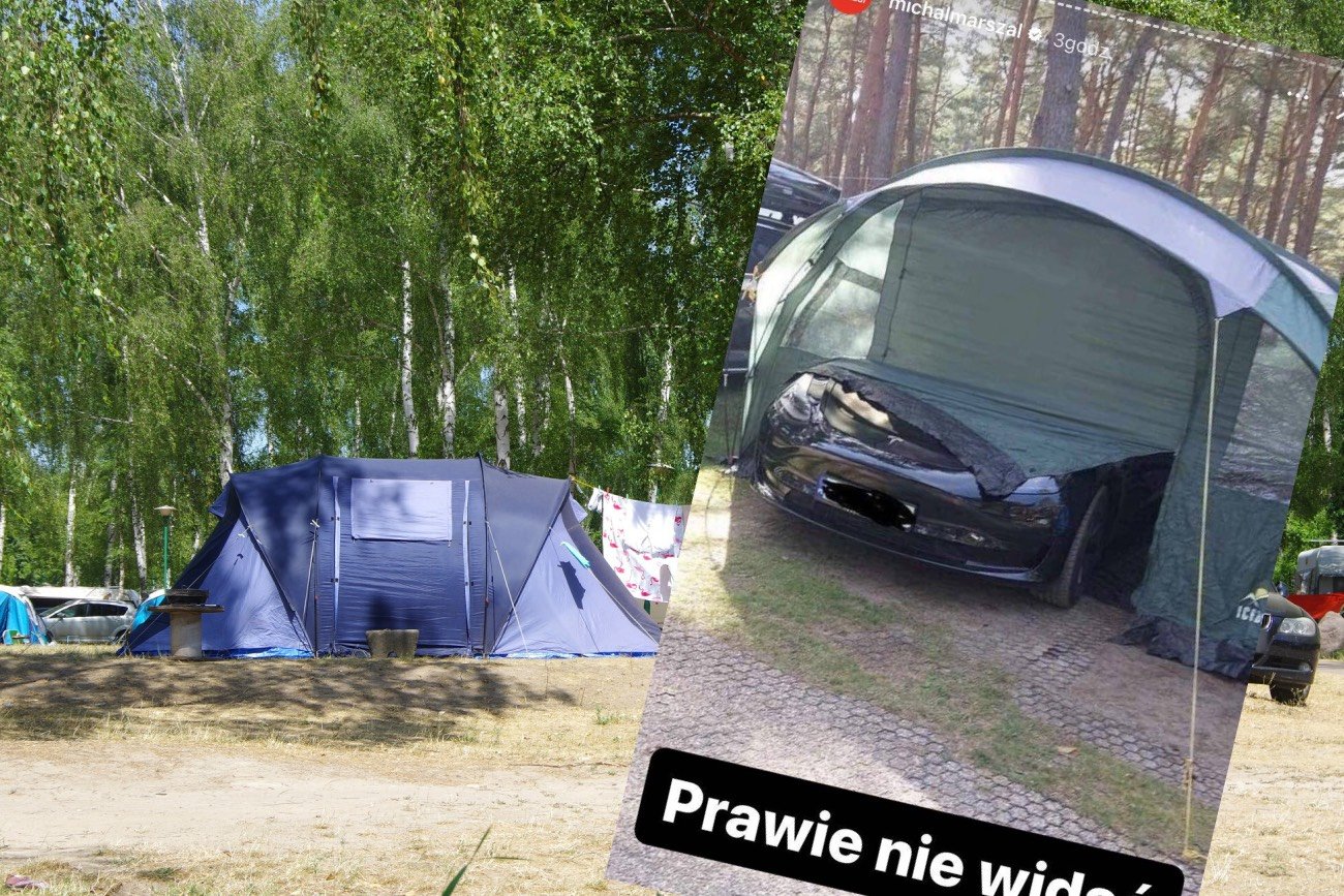 Polacy na kempingu schowali Teslę pod namiotem