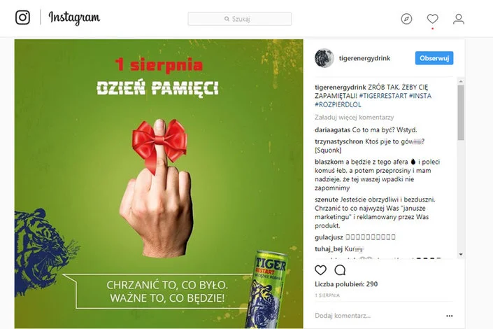 Taki post pojawił się na profilu Tiger Energy Drink na Instagramie 1 sierpnia. Kiedy zrobiło się o nim głośno, został usunięty.