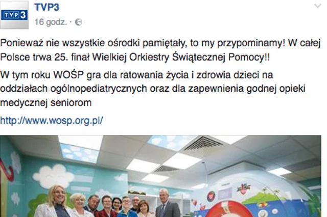Administracja fanpage'a TVP3 napisała o WOŚP.