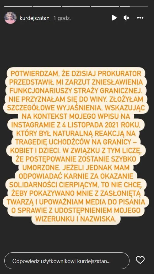 Kurdej-Szatan odniosła się do zarzutów zniesławienia Straży Granicznej.