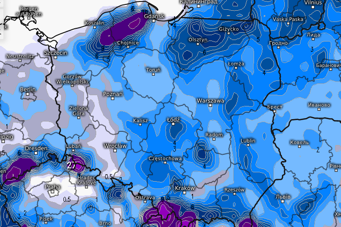 Do Polski wrócą opady śniegu. Oto prognozowana grubość pokrywy śnieżnej w niedzielę.(12 stycznia).