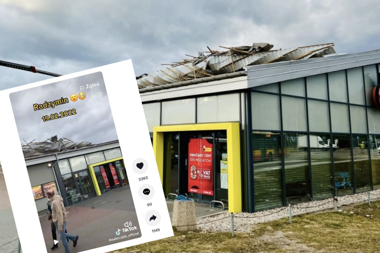 Radzymin. Wiatr zerwał dach z Biedronki.