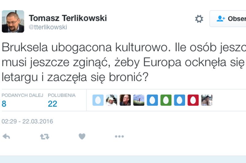 Tomasz Terlikowski skomentował dzisiejsze eksplozje w Brukseli.
