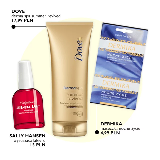 wysuszacz lakieru Sally Hansen, balsam samoopalający Derma Spa Dove, maseczka Dermika Nocne Życie