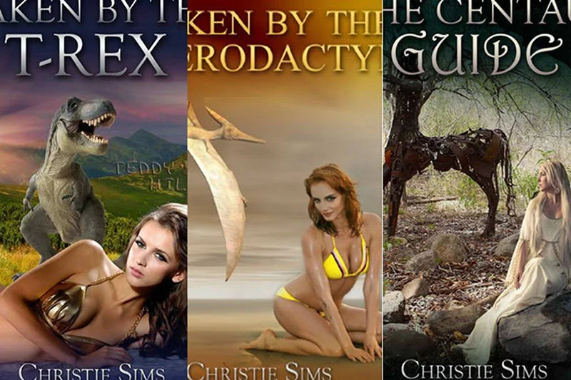 Okładki pisarza lub pisarki posługującego/ej się pseudonimem Christie Sims, zaliczane do gatunku "Dinosaur Erotica"