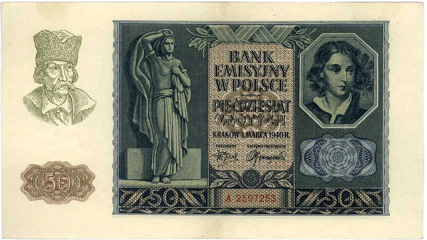 Banknot z podobizną Emilii Plater o nominale 50 zł, emisja z 1 marca 1940 roku.