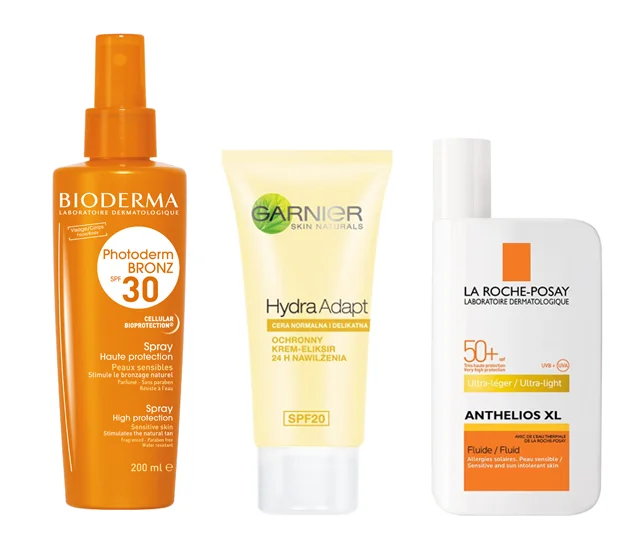 Sprej ochronny do ciała z filtrem SPF 30 Photoderm Bronz Bioderma (apteki), Ochronny krem nawilżający z filtrem SPF 20 Hydra Adapt Garnier, Lekki fluid z filtrem SPF 50 Anthelios XL La Roche-Posay (apteki)