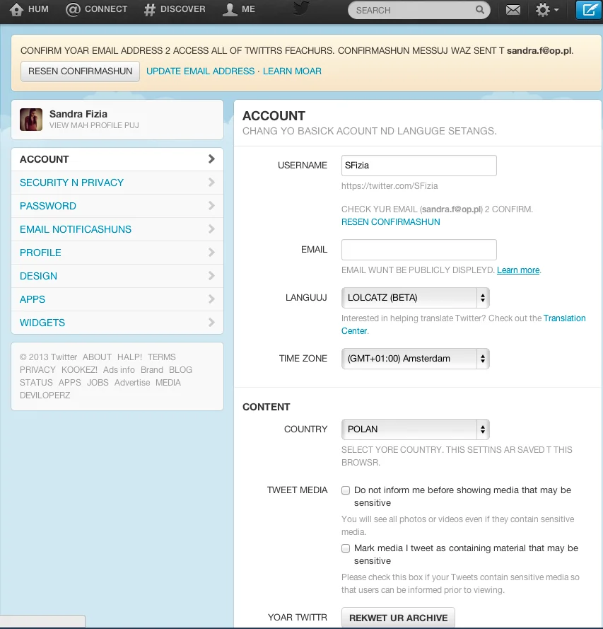 Język Lolcatz na Twitterze.