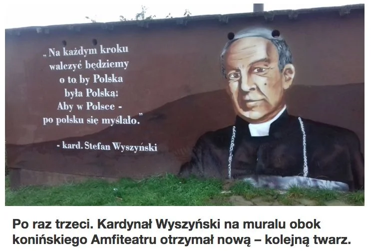 Ostateczna wersja muralu z wizerunkiem kardynała Wyszyńskiego w Koninie.