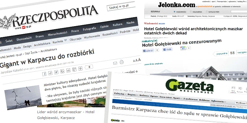 Nagłówki portali opisujących historię Hotelu Gołębiewski w Karpaczu