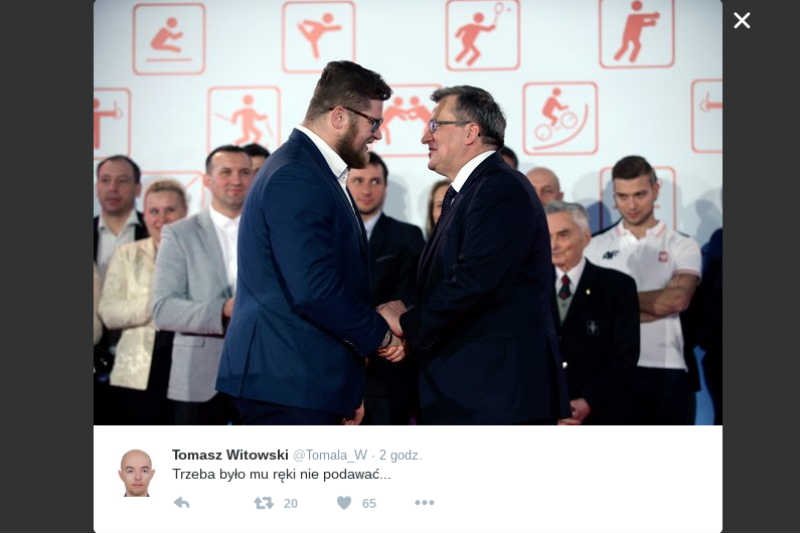 Działacz PiS przekonuje, że Paweł Fajdek przegrał, bo podał rękę Bronisławowi Komorowskiemu.