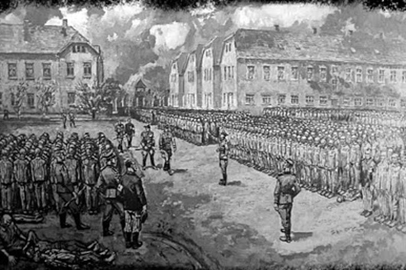 Grafika przedstawiająca obozowy apel.