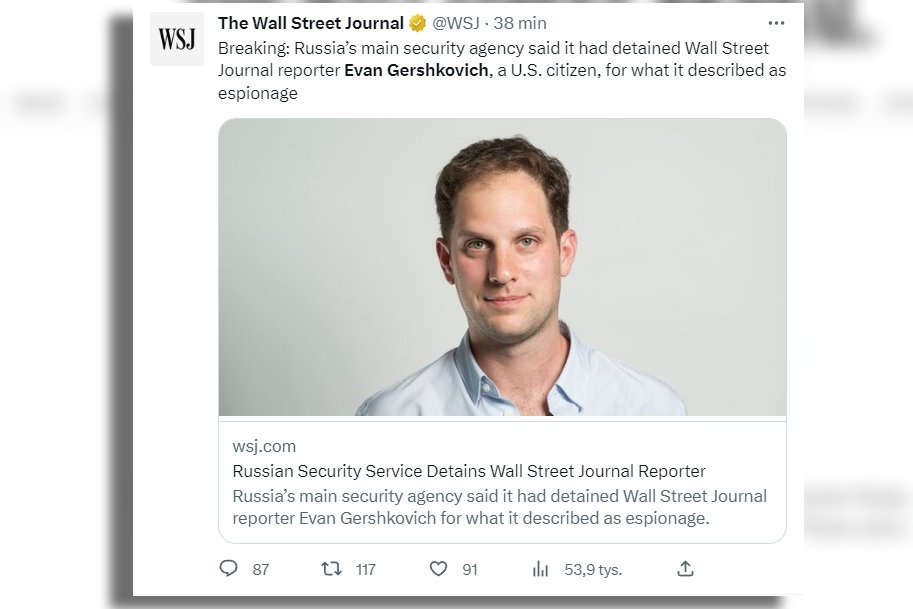 Evan Gershkovich, dziennikarz "The Wall Street Journal", został zatrzymany przez rosyjskie służby
