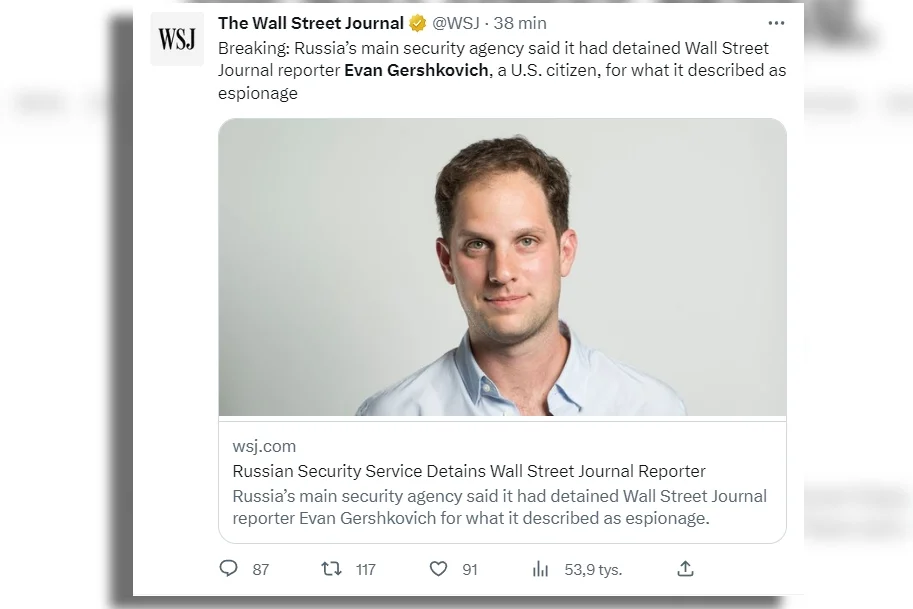 Evan Gershkovich, dziennikarz "The Wall Street Journal", został zatrzymany przez rosyjskie służby