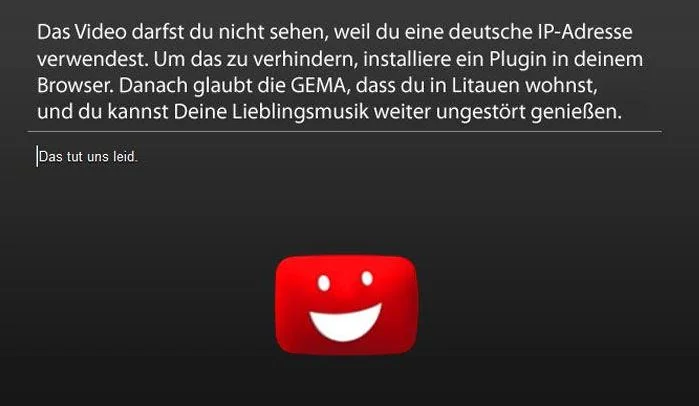 Nie możesz obejrzeć tego filmu, ponieważ używasz niemieckiego adresu IP. Żeby tego uniknąć zainstaluj Plugin w swojej przeglądarce. Dzięki temu GEMA uwierzy, że mieszkasz na Litwie i nadal będziesz mógł korzystać z twojej ulubionej muzyki.
