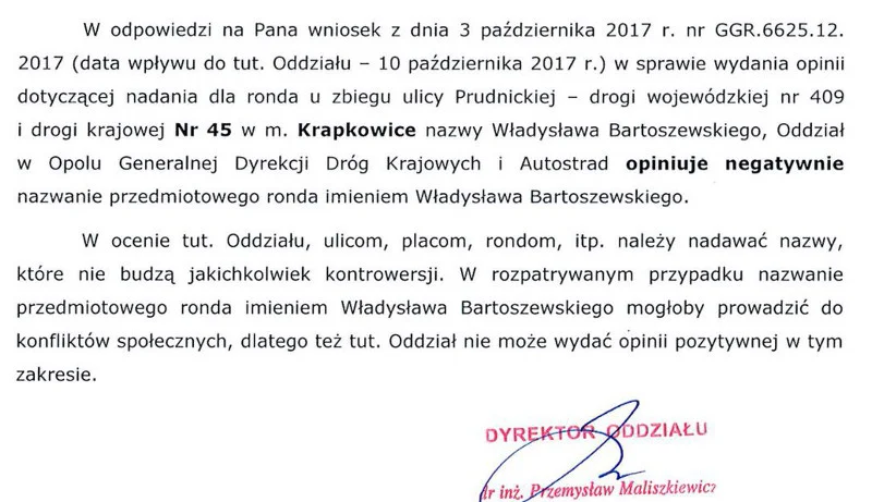 Fragment pisma z opolskiego oddziału GDDKiA do burmistrza Krapkowic.