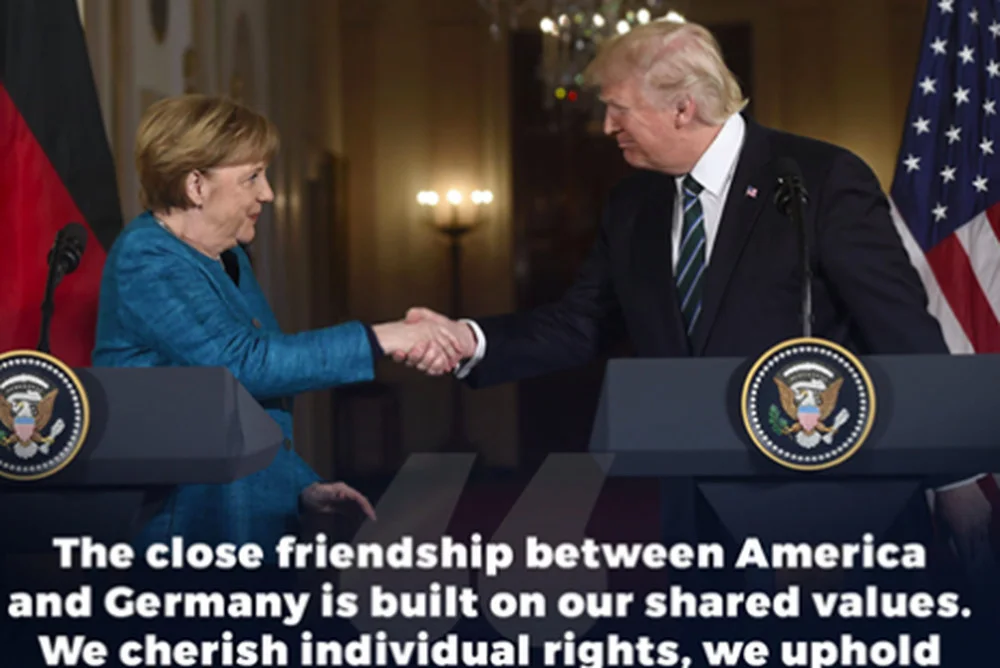 Trump tłumaczy się z "niepodania ręki", kanclerz Angeli Merkel.