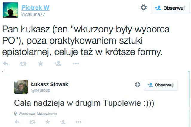 Internauci szybko zauważyli "żart" o tupolewie, który popełnił na Twitterze współautor listu do PO