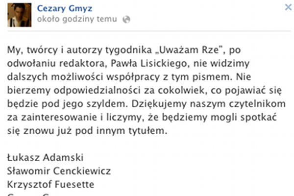 Oświadczenie, które Cezary Gmyz opublikował na swoim Facebooku.