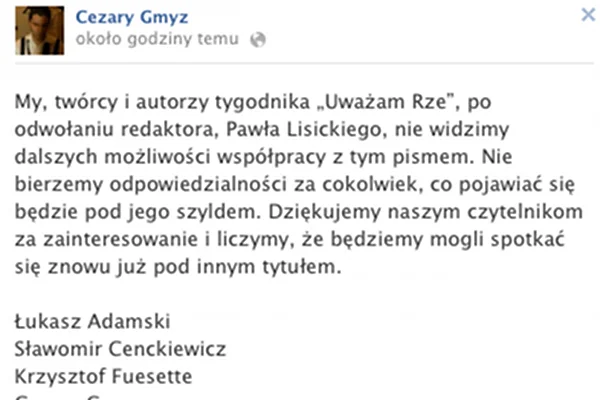 Oświadczenie, które Cezary Gmyz opublikował na swoim Facebooku.