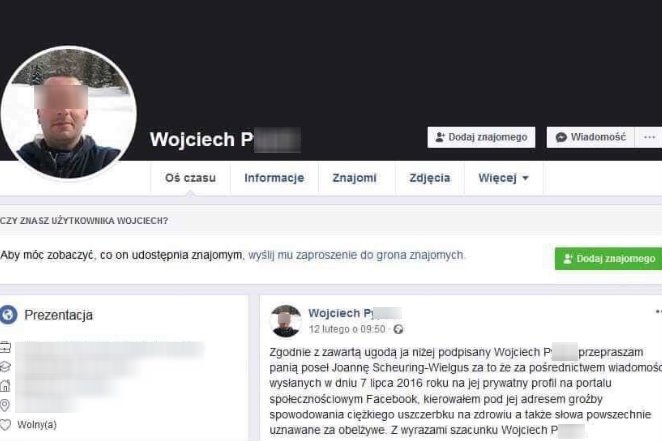 Wojciech P. został skazany przez warszawski sąd na 3 miesiące ograniczenia wolności. Wcześniej wulgarnie obrażał Joannę Scheuring-Wielgus i Mariusza Szczygła.