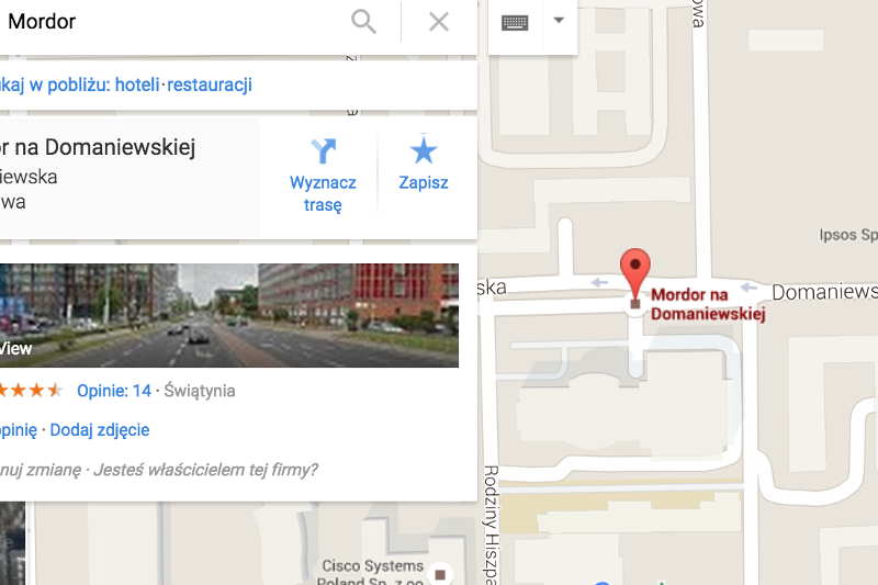 Mordor na salonach - Google Maps uznał prześmiewczą nawę ul. Domaniewskiej.