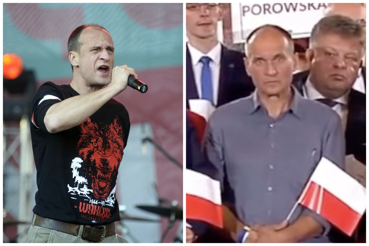 Po lewej: 22.05.2015 Gdansk Swieto Miasta Neptunalia Nz koncert Pawel Kukiz i Piersi. Po prawej: Paweł Kukiz podczas ogłoszenia wyników wyborów 2023 stojący z politykami PiS.
