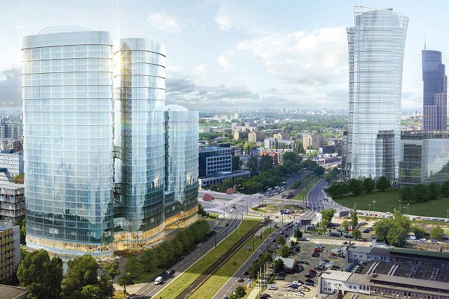 Po prawej nowa, 220 metrowa wieża Warsaw Spire Ghelamco, a obok planowana nowy budynek. Ta wizualizacja jest już mocno nieaktualna, bo cały prawy dolny róg zdjęcia także zabudują biurowce.