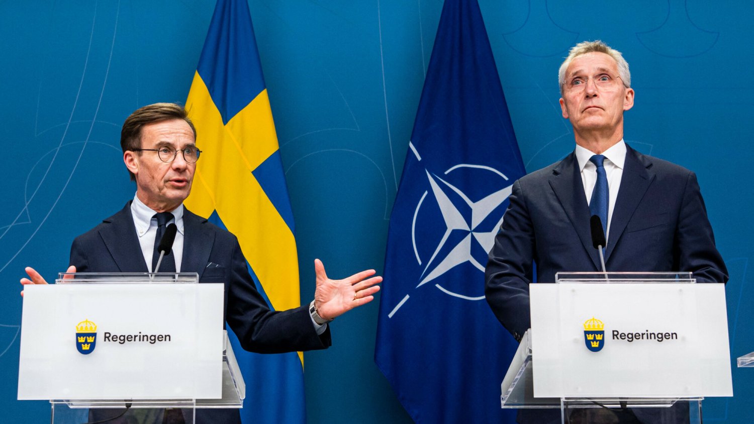 Szwecja NATO Premier Szwecji Ulf Kristersson i sekretarz generalny NATO Jens Stoltenberg podczas spotkania w Sztokholmie.