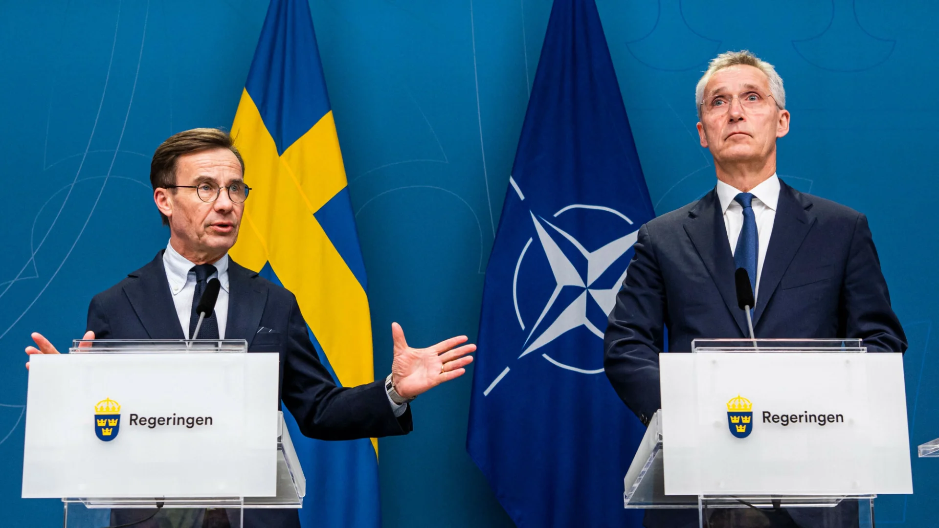 Premier Szwecji Ulf Kristersson i sekretarz generalny NATO Jens Stoltenberg podczas spotkania w Sztokholmie.