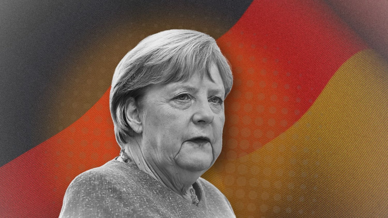 "Czy to jeszcze nasza Angela Merkel" – pytają niemieckie media. Angele Merkel. W tle flaga Niemiec