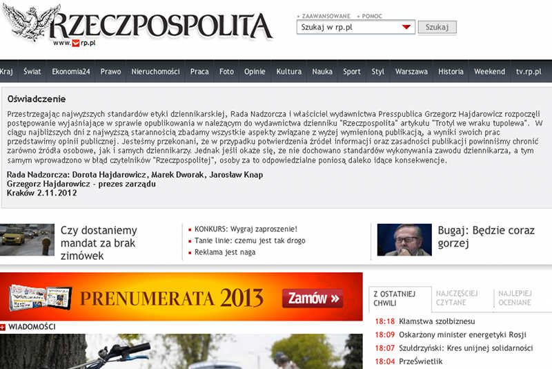 Screen ze strony internetowej dziennika "Rzeczpospolita"