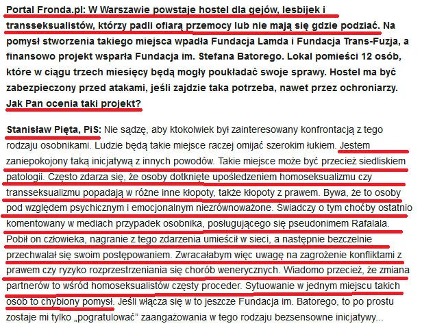 Komentarz Stanisława Pięty do informacji o mającym powstać hotelu dla homoseksualistów