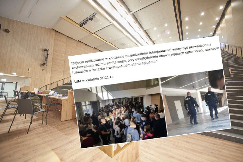 Studenci Śląskiego Uniwersytetu Medycznego tłumnie oczekiwali na kolokwium przed aulą.