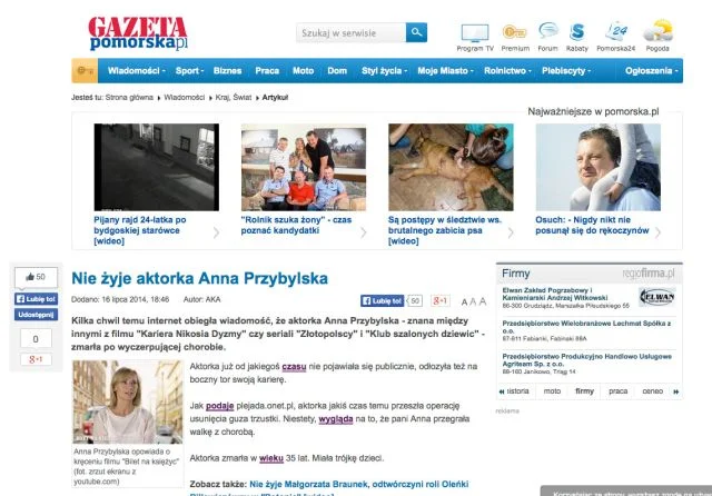 Anna Przybylska nie żyje - takie informacje podały portale w całej Polsce