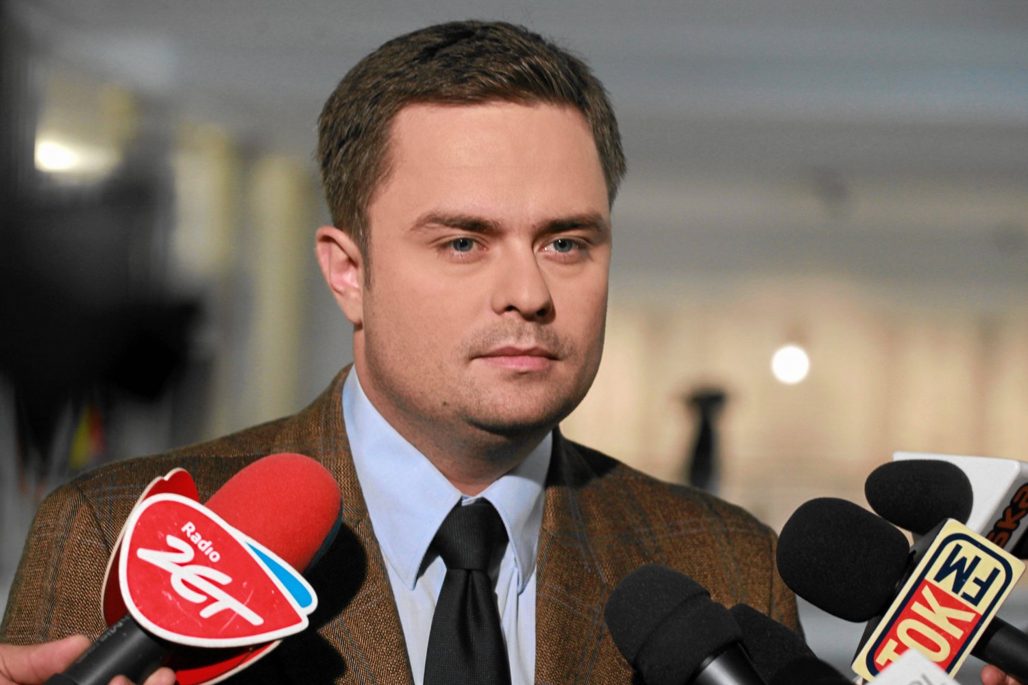 Adam Hofman podczas spotkania z dziennikarzami